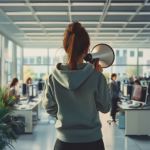 Young person from behind calling in a office room with a megephone