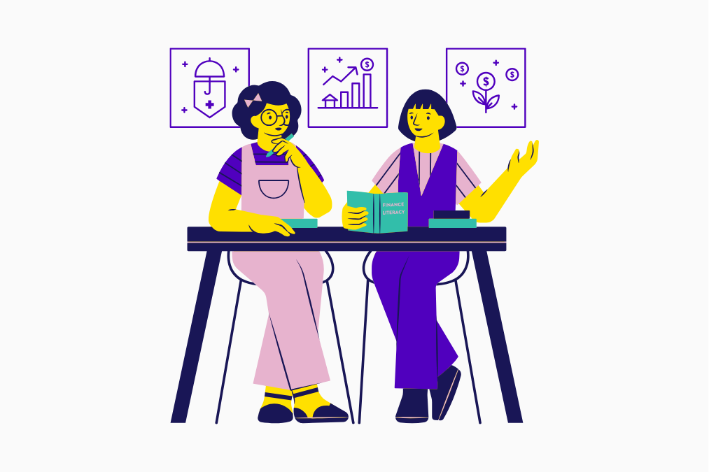 Illusion of two people sitting together at a table, surrounded by symbols of growth and learning.