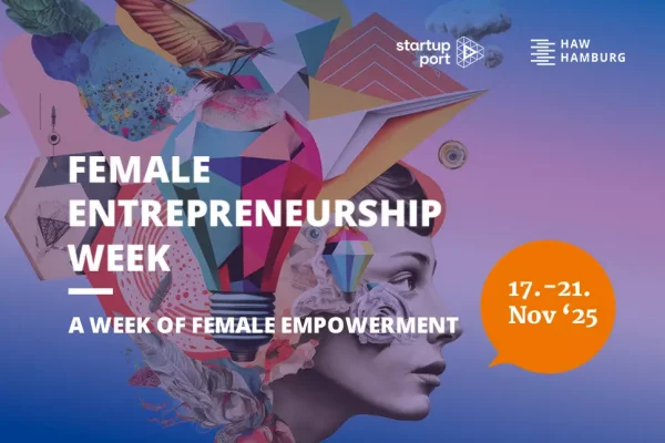 a poster for the female entrepreneurship week with a woman's head and colorful objects