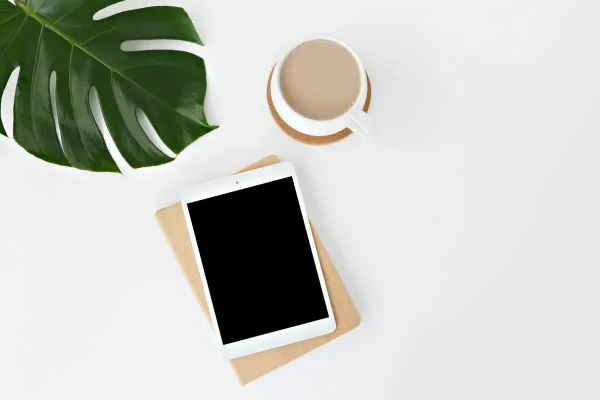 Symbol photo for Digital Detox, leaf of a houseplant, coffee mug, booklet and switched-off tray, workshop, TK Die Techniker, photo Leone Venter, Unsplash